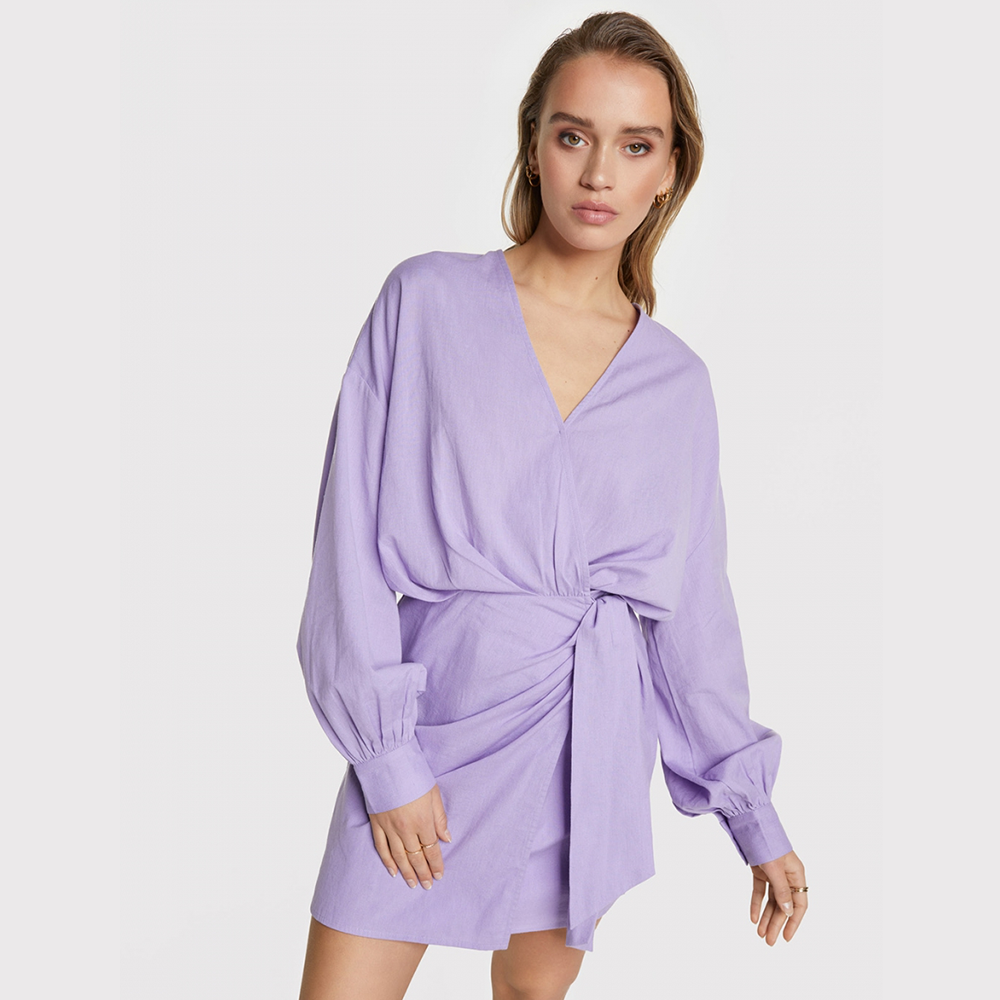 Ladies Woven Linen Look Wrap Dress Paars KL Ladies Woven Linen Look Wrap Dress Paars KL