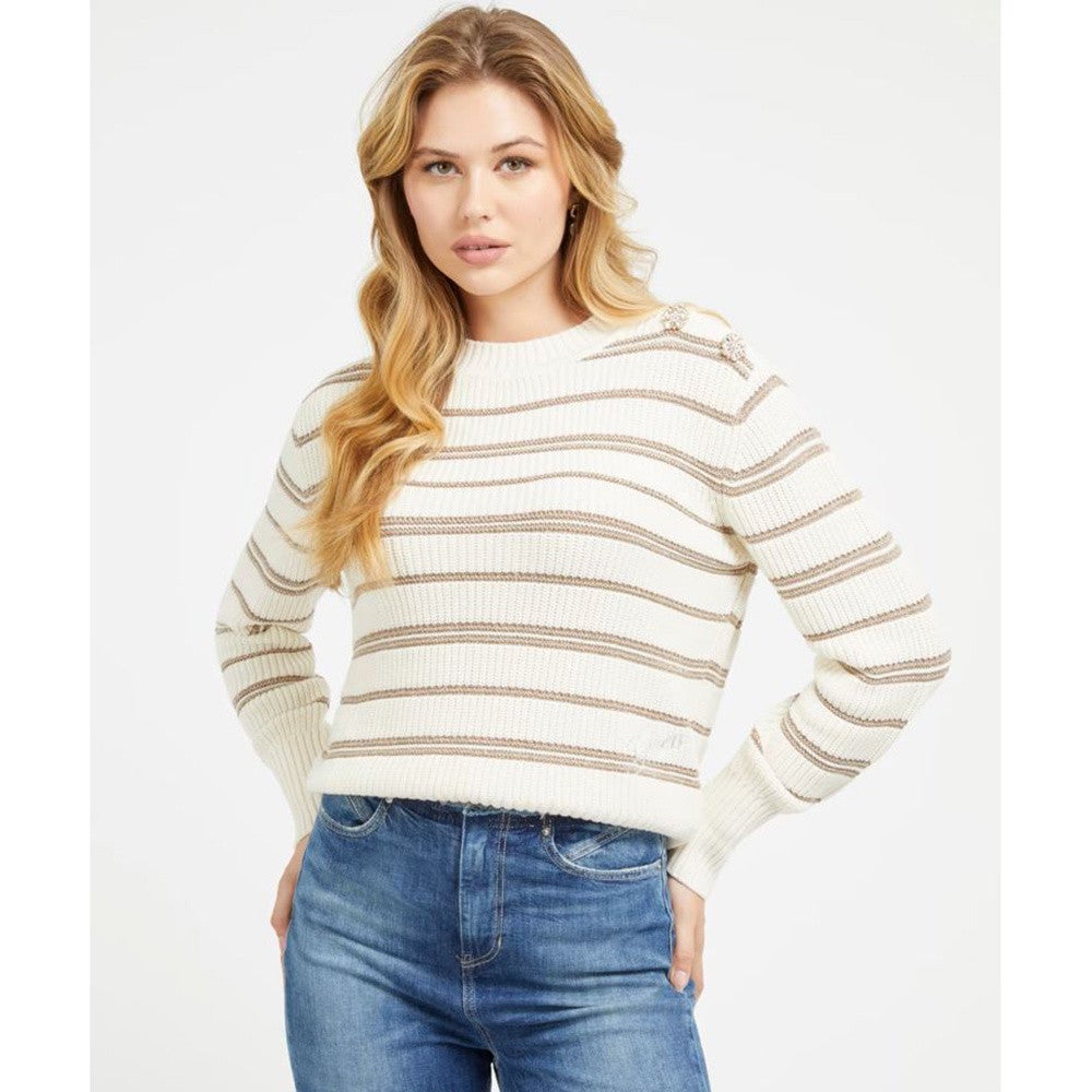 Striped Jewel Button Sweater Top Creme KL Striped Jewel Button Sweater Top Creme KL