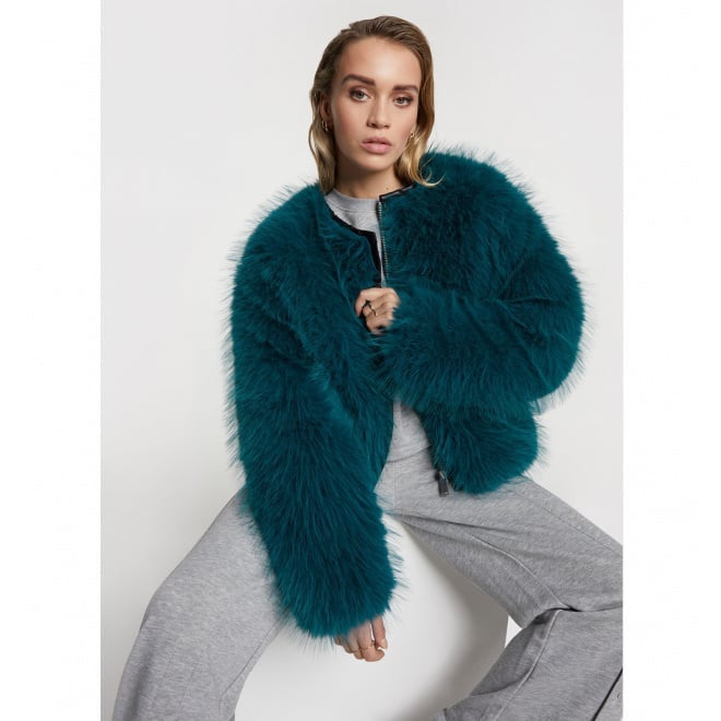 Ladies Woven Faux Fur Short Coat Blauw KL Ladies Woven Faux Fur Short Coat Blauw KL