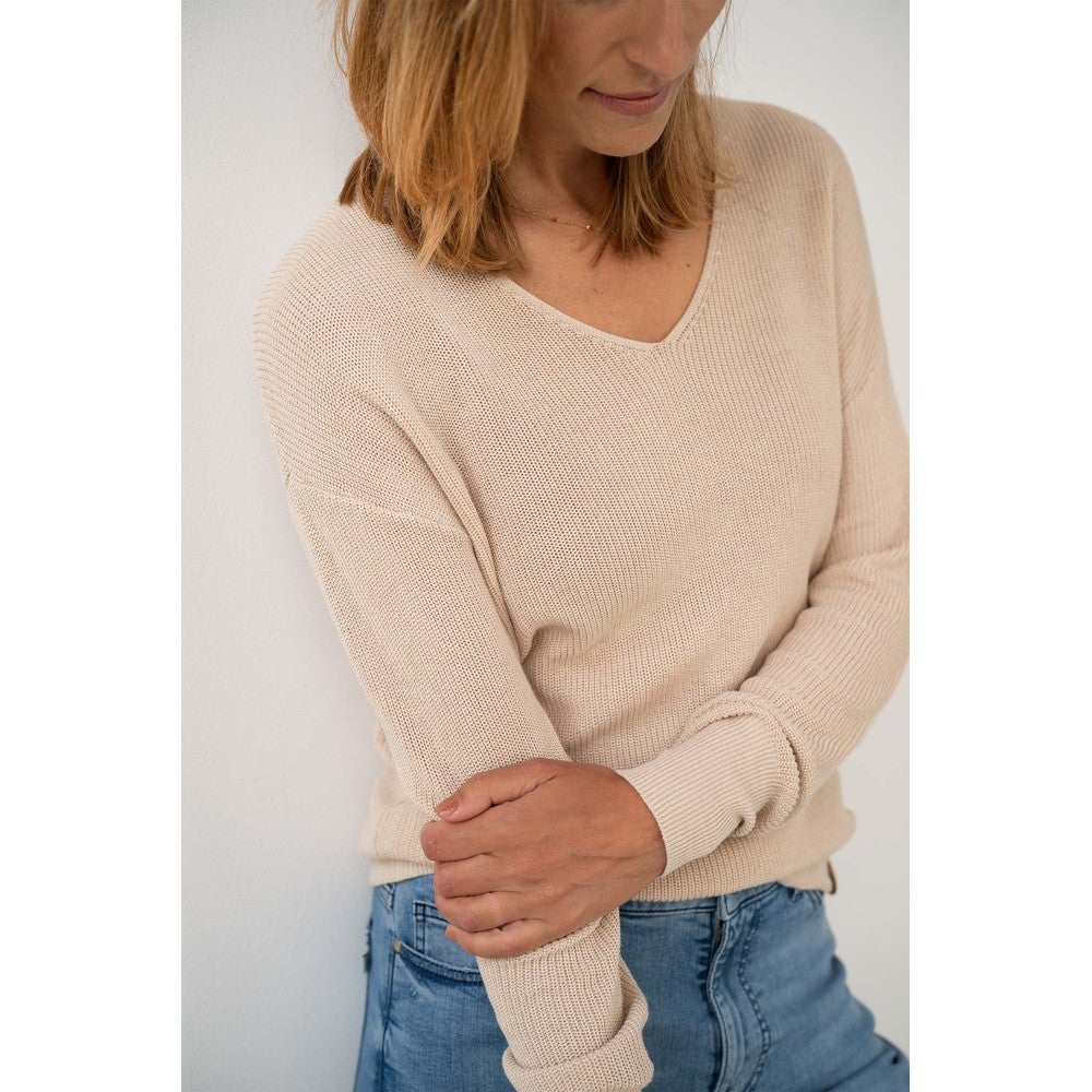 fijngebreide trui met v-hals Beige KL fijngebreide trui met v-hals Beige KL