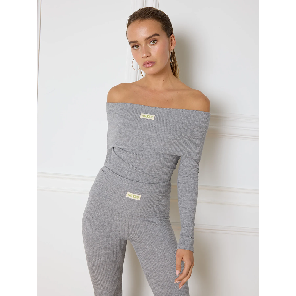 Ladies Knitted Off Shoulder Top Lucky Grijs Ladies Knitted Off Shoulder Top Lucky Grijs