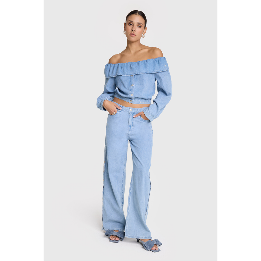 Ladies Woven Chambray Denim Pants Licht Blauw Ladies Woven Chambray Denim Pants Licht Blauw