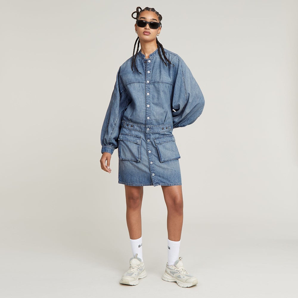 Macro Balloon Dress l\s wmn Blauw Macro Balloon Dress l\s wmn Blauw