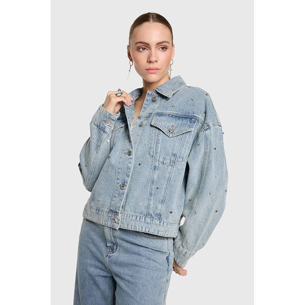 Ladies Woven Embellished Denim Jacket Licht Blauw Ladies Woven Embellished Denim Jacket Licht Blauw