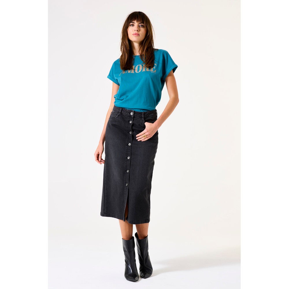 G50325 Ladies Midi Denim Skirt Zwart 1 G50325 Ladies Midi Denim Skirt Zwart 1