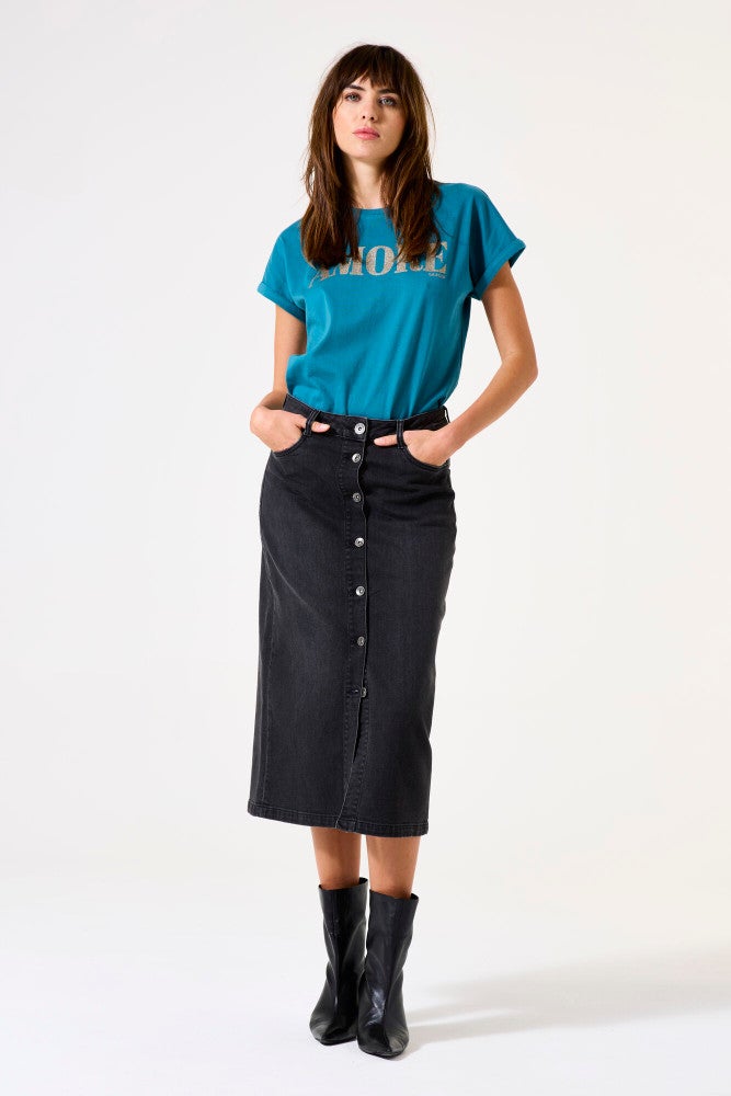 G50325 Ladies Midi Denim Skirt Zwart 1 G50325 Ladies Midi Denim Skirt Zwart 1