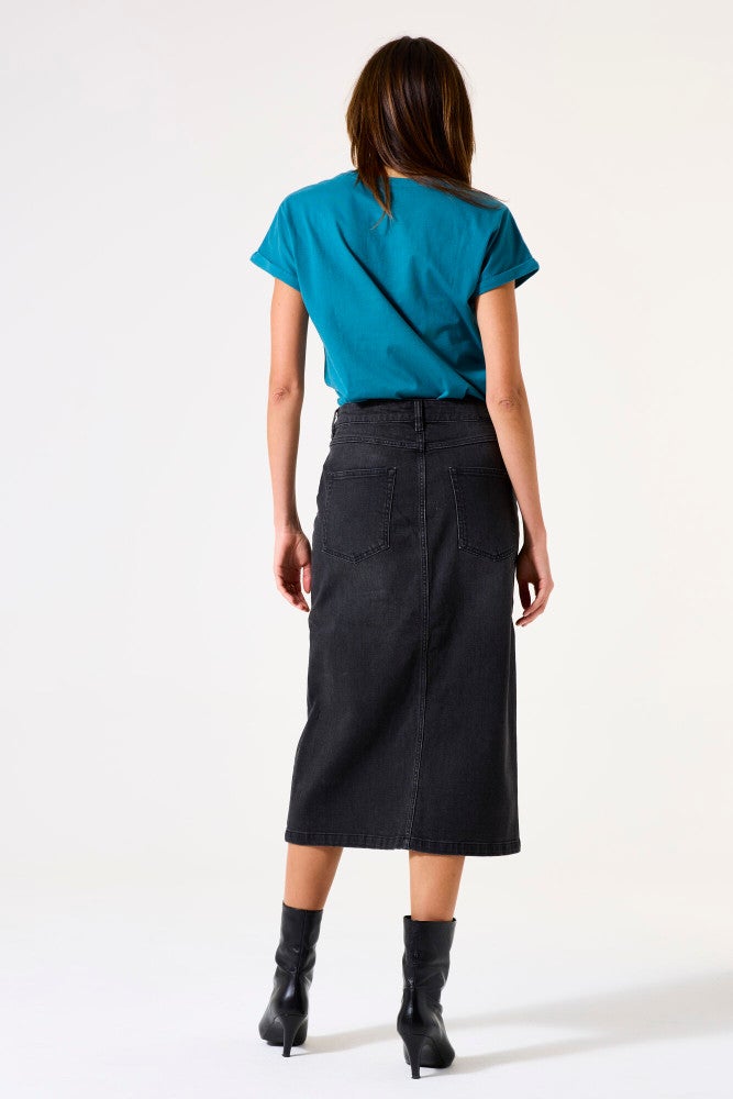 G50325 Ladies Midi Denim Skirt Zwart 1 G50325 Ladies Midi Denim Skirt Zwart 1