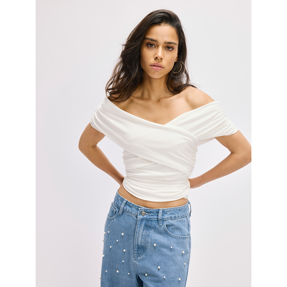 Ladies Knitted Cross Short Sleeve Top Elma Wit 1 Ladies Knitted Cross Short Sleeve Top Elma Wit 1