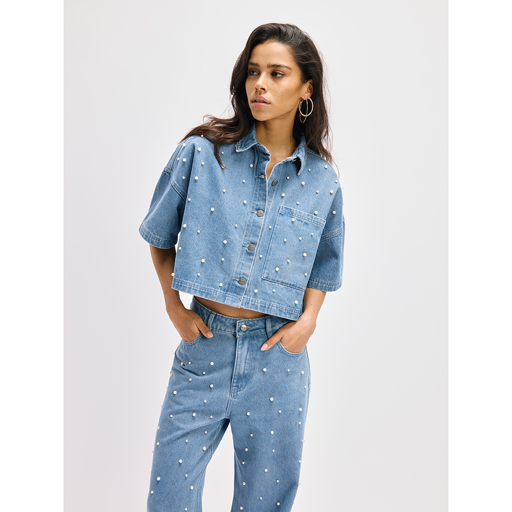 Ladies Woven Pearl Denim Pants Payton Blauw Ladies Woven Pearl Denim Pants Payton Blauw