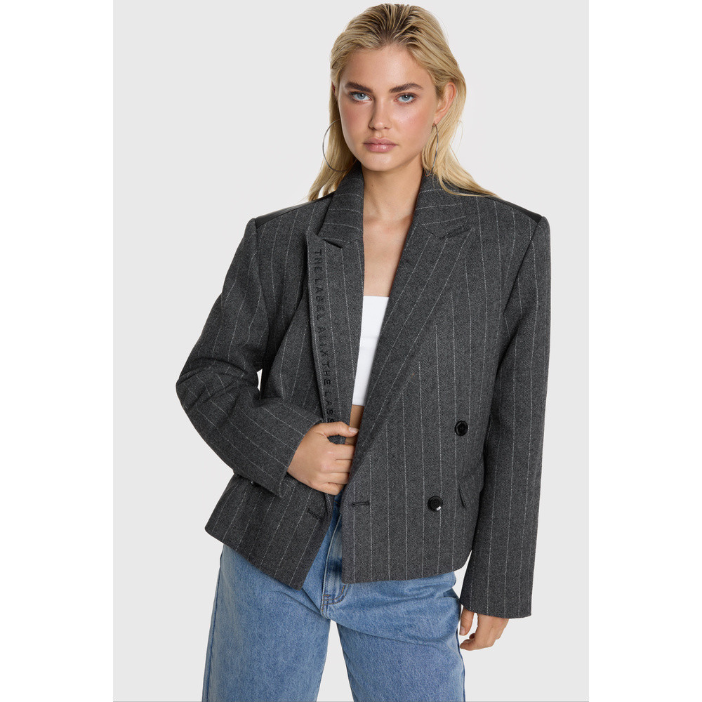 Ladies Woven Striped Cropped Jacket Antraciet Ladies Woven Striped Cropped Jacket Antraciet