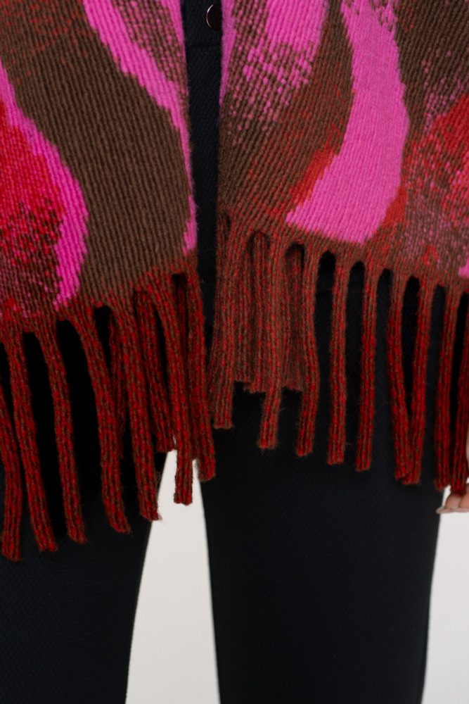 Poncho Swirlprint en Franjes Rood Poncho Swirlprint en Franjes Rood