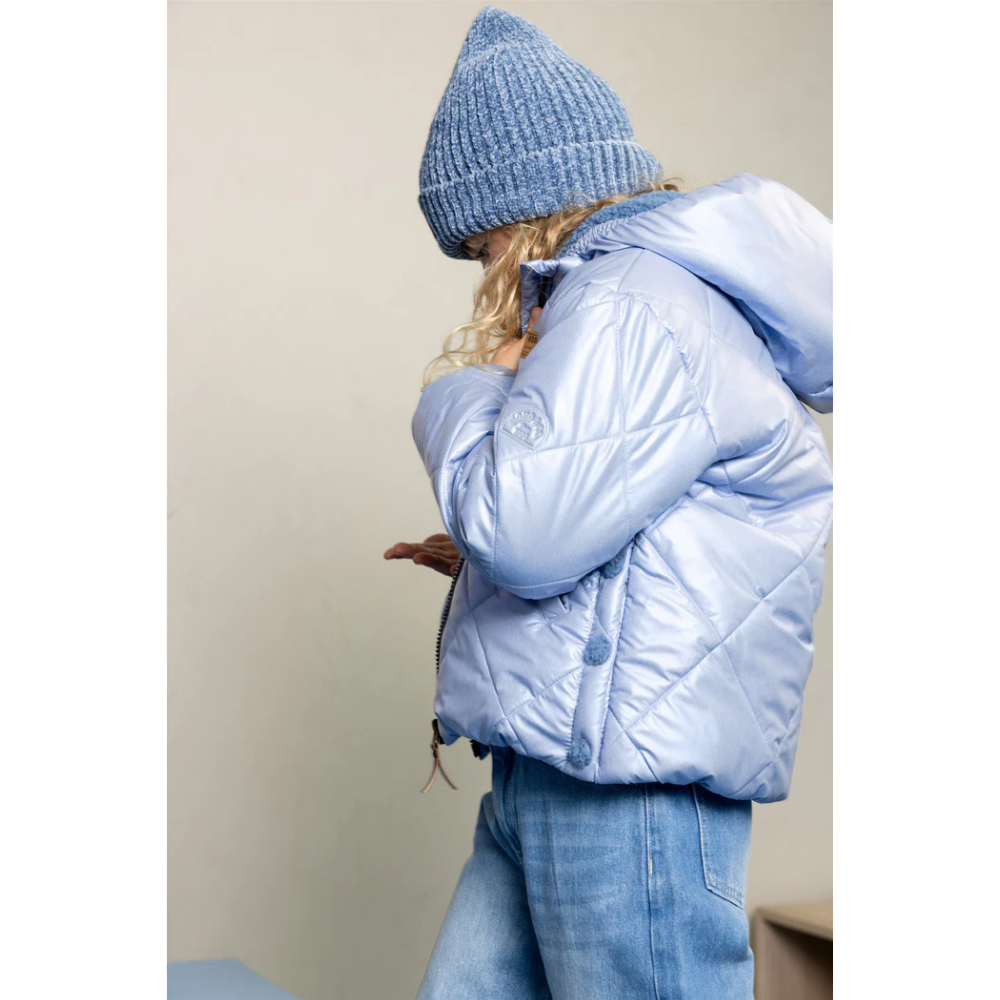 Button Hooded Short Winter Jacket Licht Blauw Button Hooded Short Winter Jacket Licht Blauw