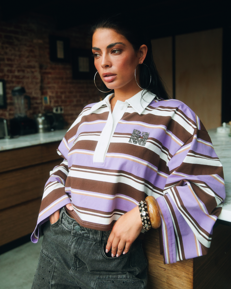 ladies knitted cropped stripe polo MUSE Multi ladies knitted cropped stripe polo MUSE Multi