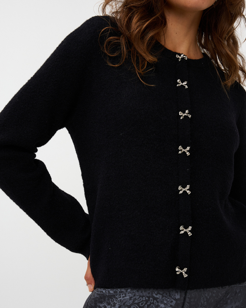 Sweater bow button fake placket Zwart 1 Sweater bow button fake placket Zwart 1