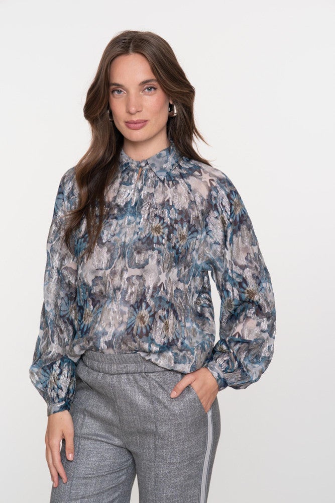 Blouse Met Aquarelachtige Print Blauw Blouse Met Aquarelachtige Print Blauw