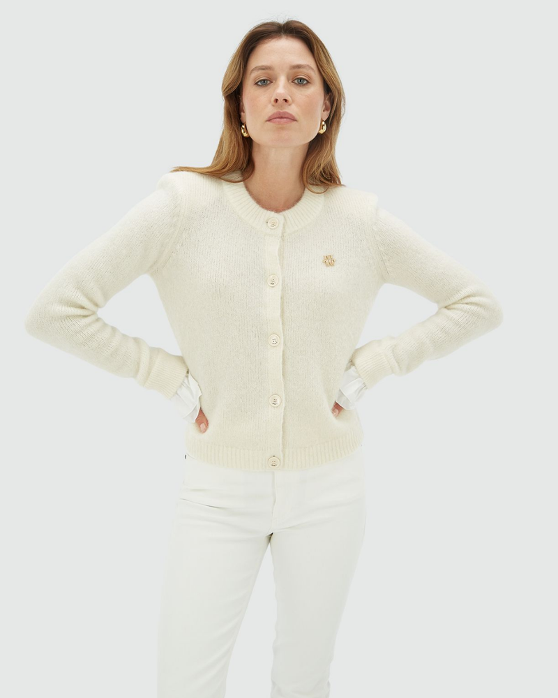 BEBE cardigan with removable ruffle details Ecru BEBE cardigan with removable ruffle details Ecru