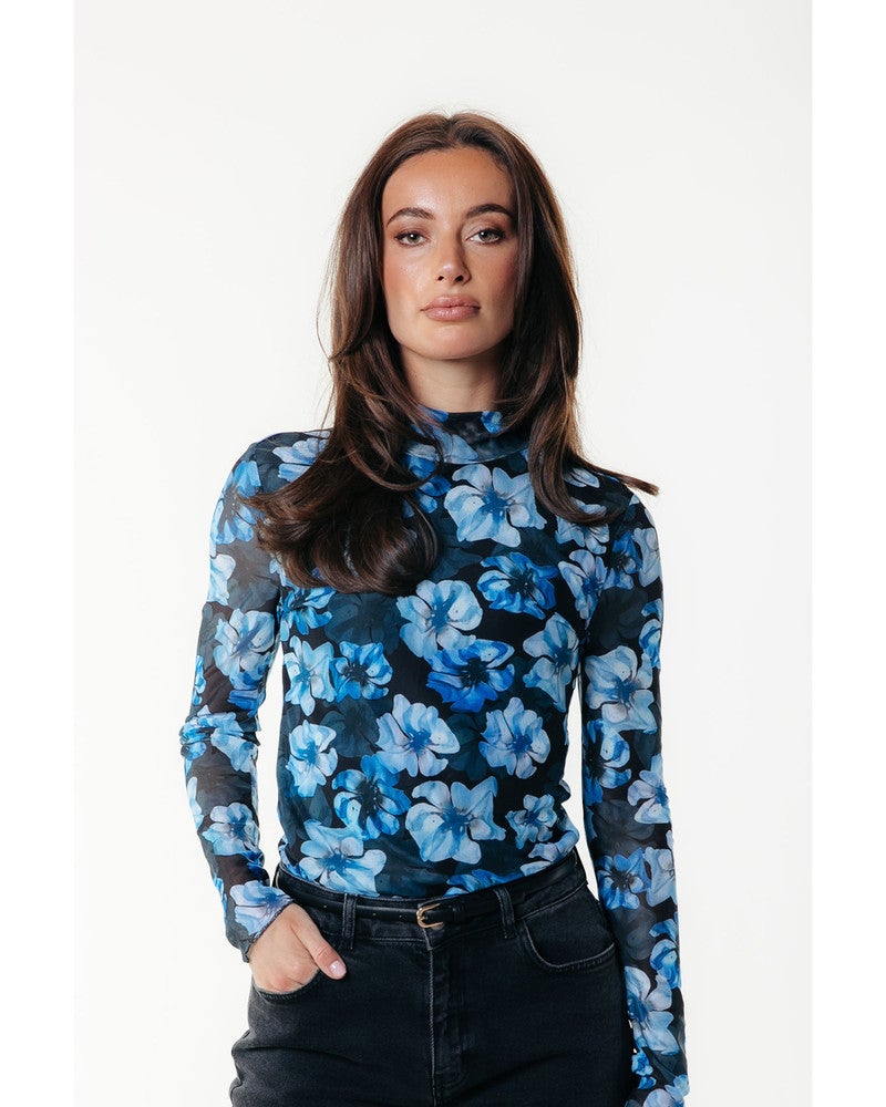 Neyo Flower Mesh Turtleneck Top Blauw Neyo Flower Mesh Turtleneck Top Blauw