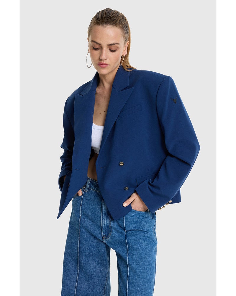 ladies woven boxy blazer Donker Blauw ladies woven boxy blazer Donker Blauw