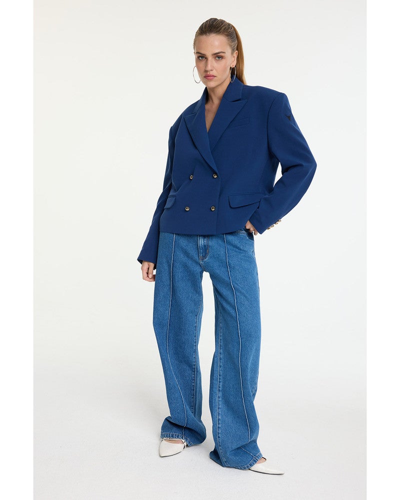 ladies woven boxy blazer Donker Blauw ladies woven boxy blazer Donker Blauw