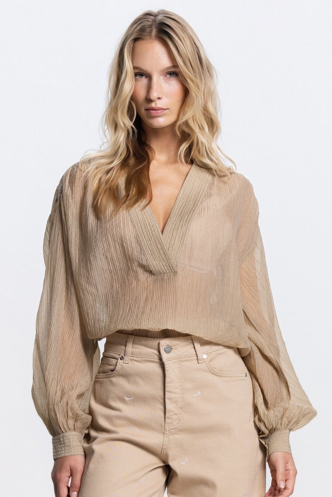 NADINE BLOUSE 755 LP long wide baloon sleeve v-neck transparant Beige NADINE BLOUSE 755 LP long wide baloon sleeve v-neck transparant Beige