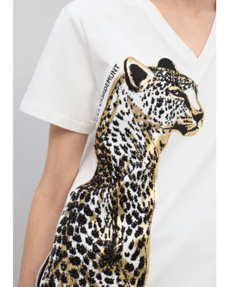 V-neck Animal Print T-shirt with Beads Wit 1 V-neck Animal Print T-shirt with Beads Wit 1