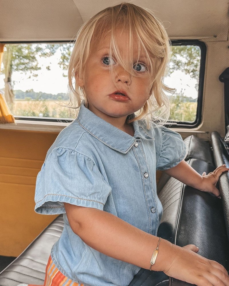 Cotton Denim Ruffle Blouse Licht Blauw Cotton Denim Ruffle Blouse Licht Blauw