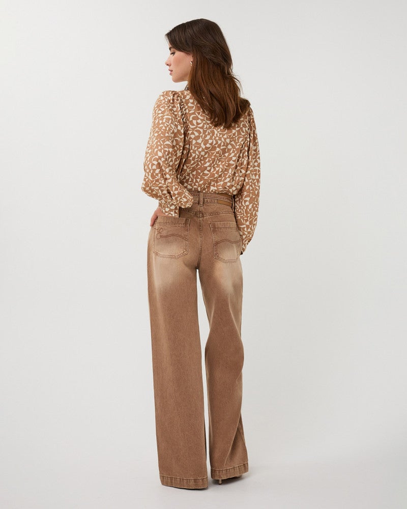 Trousers colored denim belt wide leg Camel Trousers colored denim belt wide leg Camel