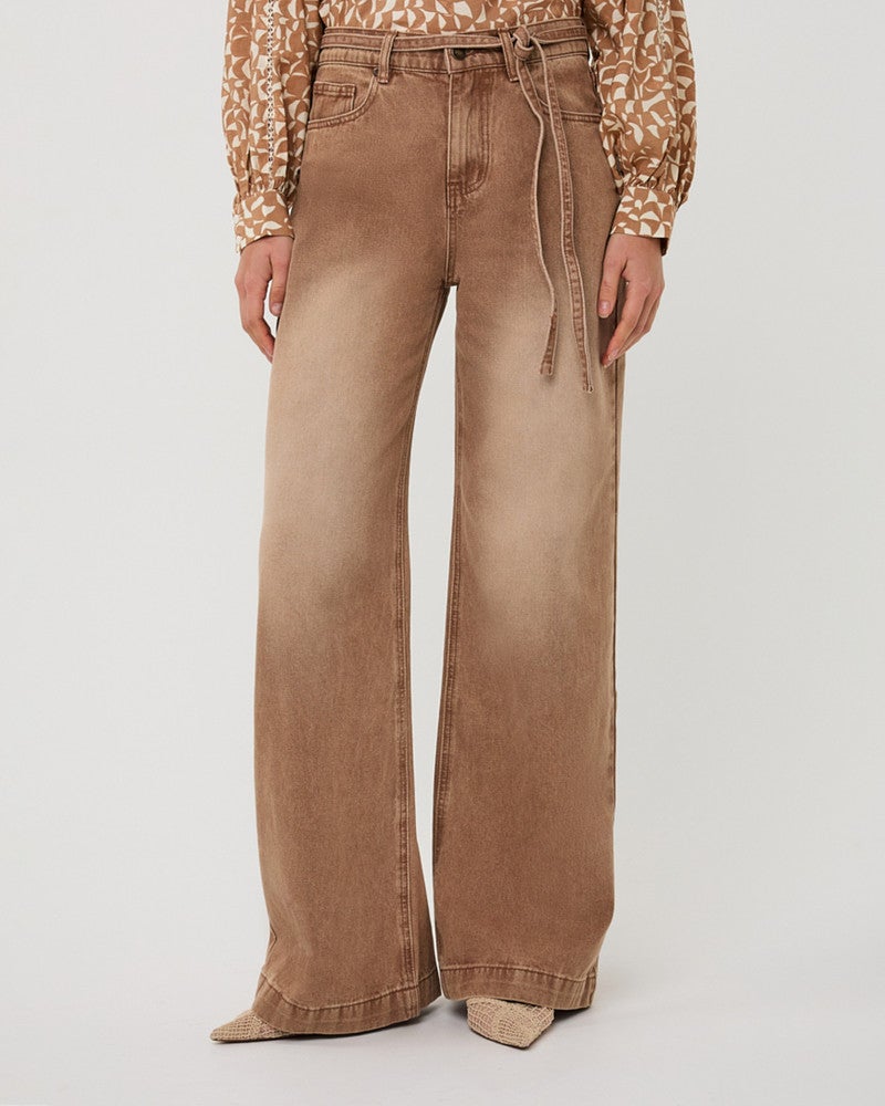Trousers colored denim belt wide leg Camel Trousers colored denim belt wide leg Camel