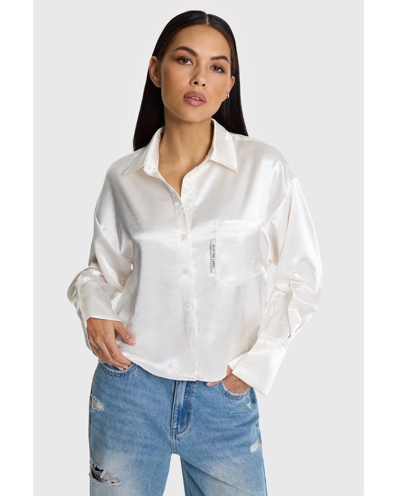 ladies woven cropped subtle satin blouse Off White ladies woven cropped subtle satin blouse Off White