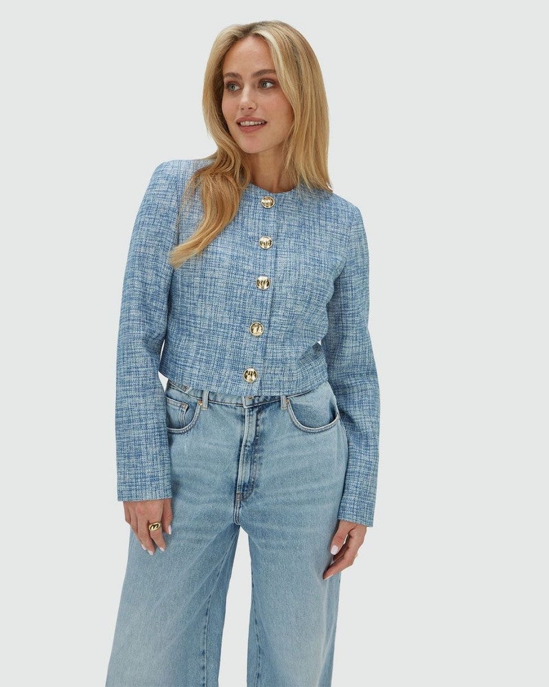 REMI cropped blazer met bouclé Blauw REMI cropped blazer met bouclé Blauw