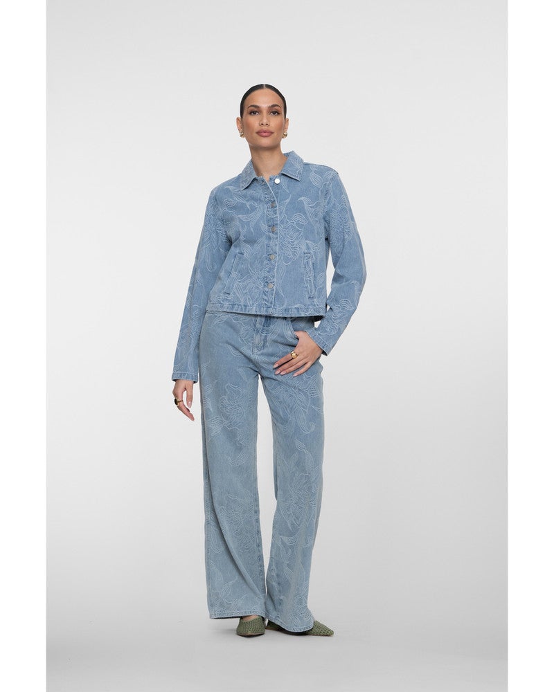 Jeans wide jacquard flower Blauw Jeans wide jacquard flower Blauw