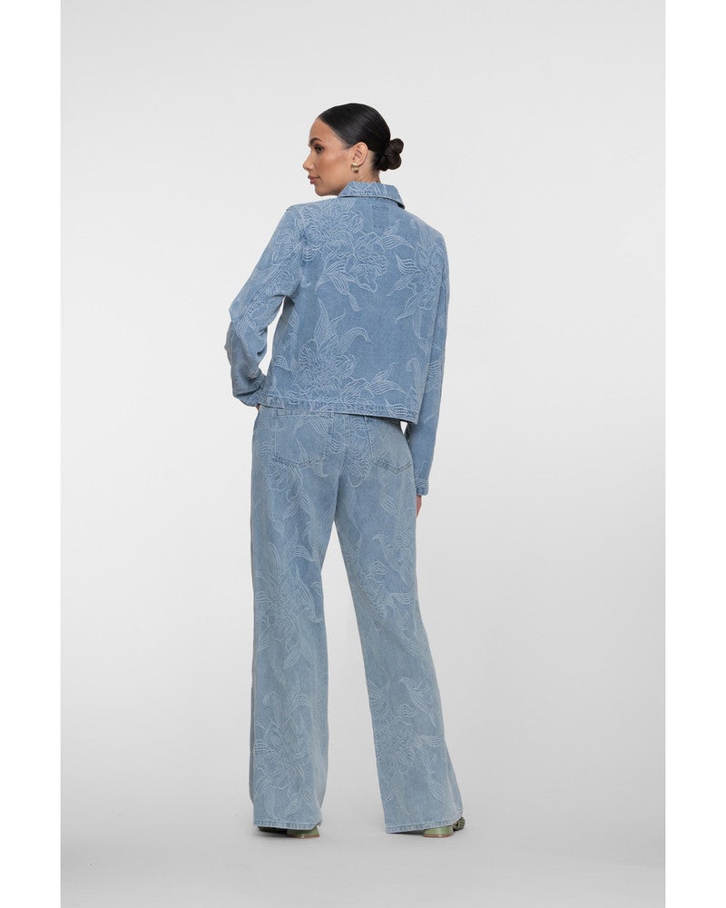 Jeans wide jacquard flower Blauw Jeans wide jacquard flower Blauw