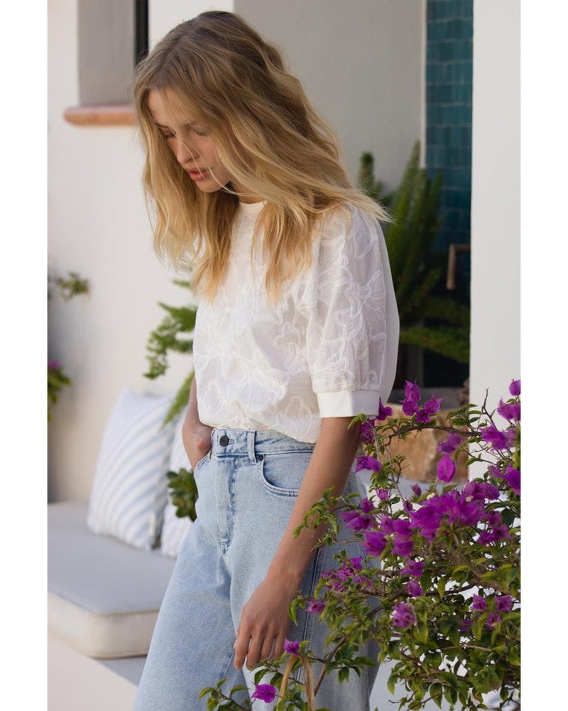 NOEL TOP CE 756 lace front and short sleeves solid cotton back Off White NOEL TOP CE 756 lace front and short sleeves solid cotton back Off White