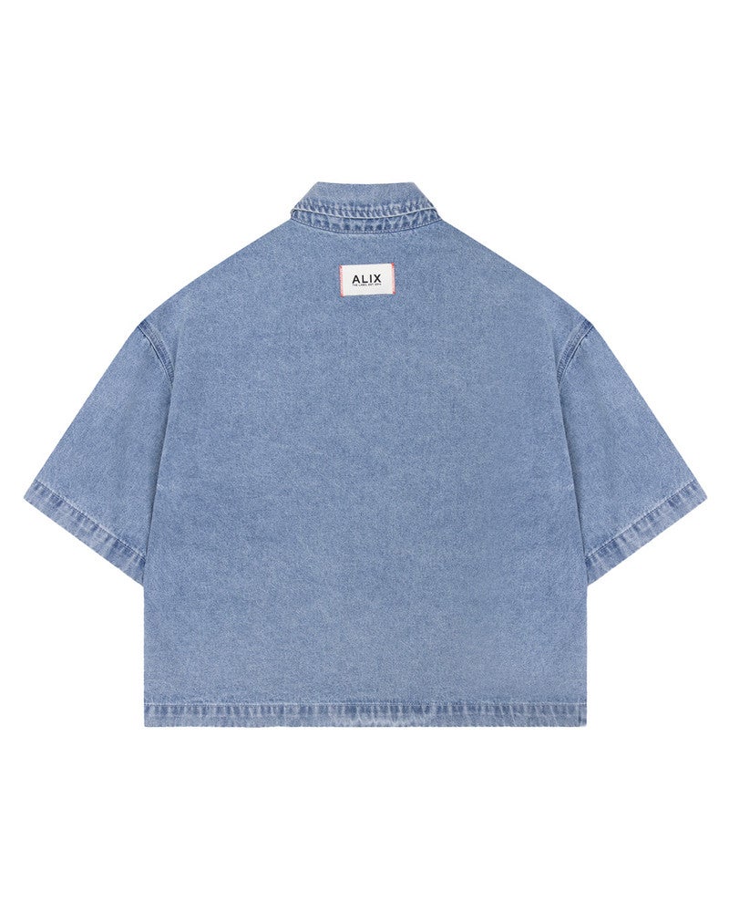 ladies woven denim shortsleeve blouse Licht Blauw ladies woven denim shortsleeve blouse Licht Blauw