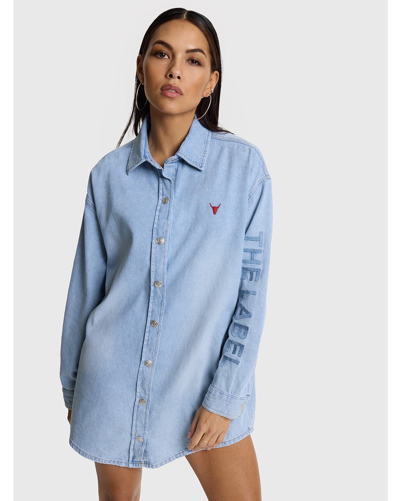 ladies woven flowy denim oversized blouse Licht Blauw ladies woven flowy denim oversized blouse Licht Blauw