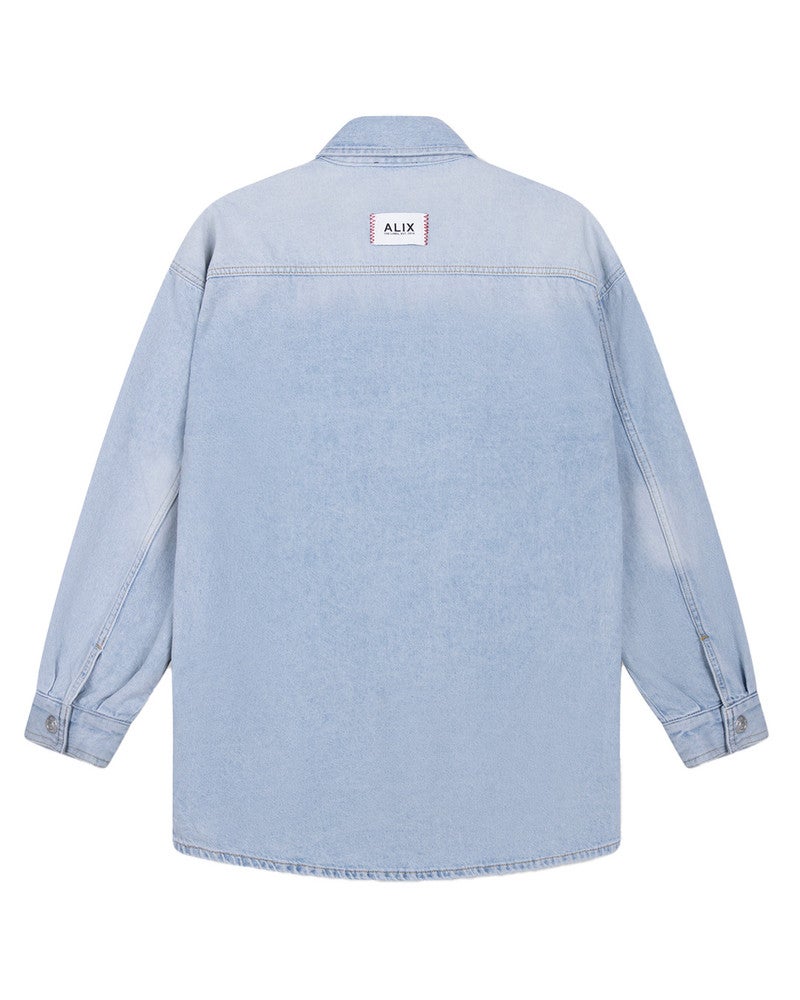 ladies woven flowy denim oversized blouse Licht Blauw ladies woven flowy denim oversized blouse Licht Blauw