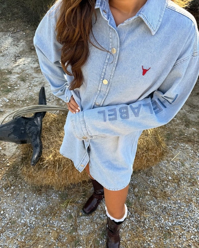ladies woven flowy denim oversized blouse Licht Blauw ladies woven flowy denim oversized blouse Licht Blauw