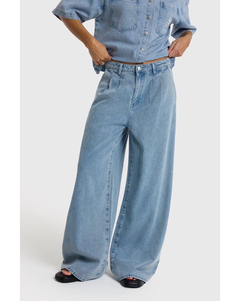 ladies woven denim wide pants Licht Blauw ladies woven denim wide pants Licht Blauw