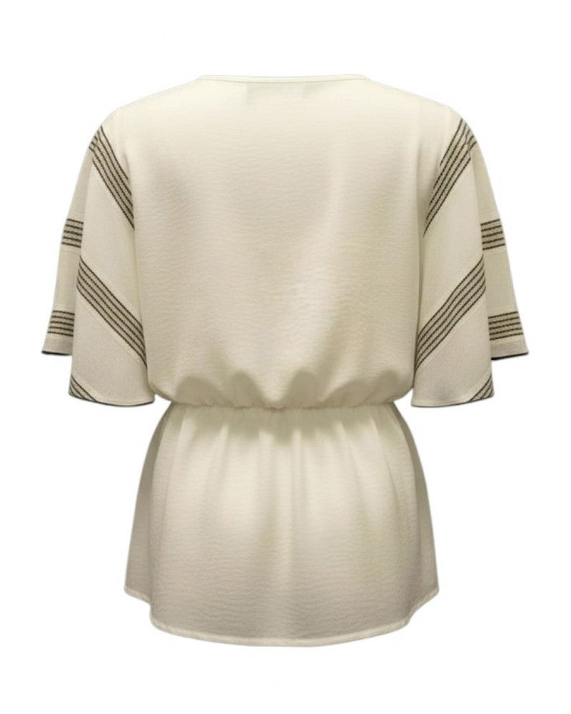 Blouse V-neck Stripe Off-wh/Taupe/Black Beige Blouse V-neck Stripe Off-wh/Taupe/Black Beige