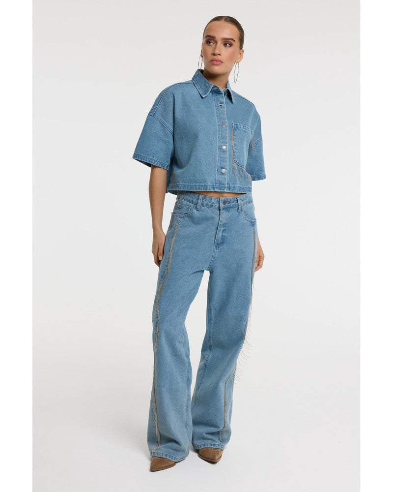 ladies woven relaxed fringes denim pants PAYTON Licht Blauw ladies woven relaxed fringes denim pants PAYTON Licht Blauw