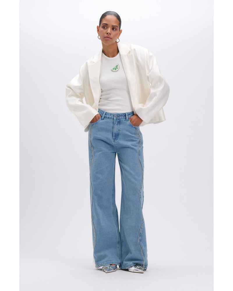 ladies woven relaxed fringes denim pants PAYTON Licht Blauw ladies woven relaxed fringes denim pants PAYTON Licht Blauw