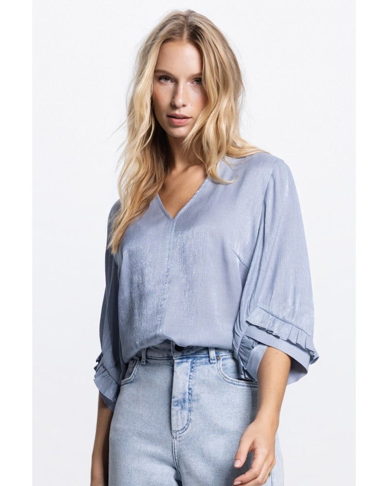 NISA BLOUSE SC 754 3/4 sleeve ruffes at cuff v-neck Blauw NISA BLOUSE SC 754 3/4 sleeve ruffes at cuff v-neck Blauw