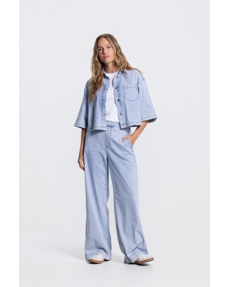 SAAR BROEK LLBD 429 light demin long wide elastic waist at back Blauw SAAR BROEK LLBD 429 light demin long wide elastic waist at back Blauw