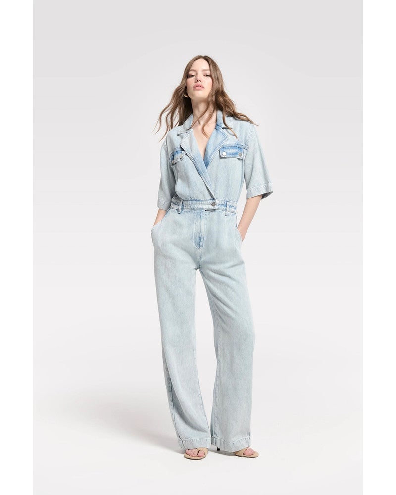 Flowy Denim Overall With Short Sleeves Licht Blauw Flowy Denim Overall With Short Sleeves Licht Blauw
