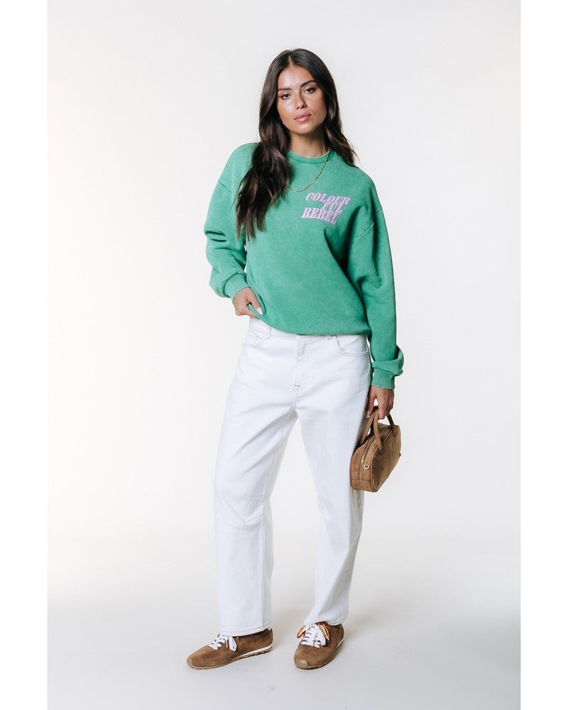 WS417632 Logo Acid Wash Dropped Shoulder Sweat Groen WS417632 Logo Acid Wash Dropped Shoulder Sweat Groen