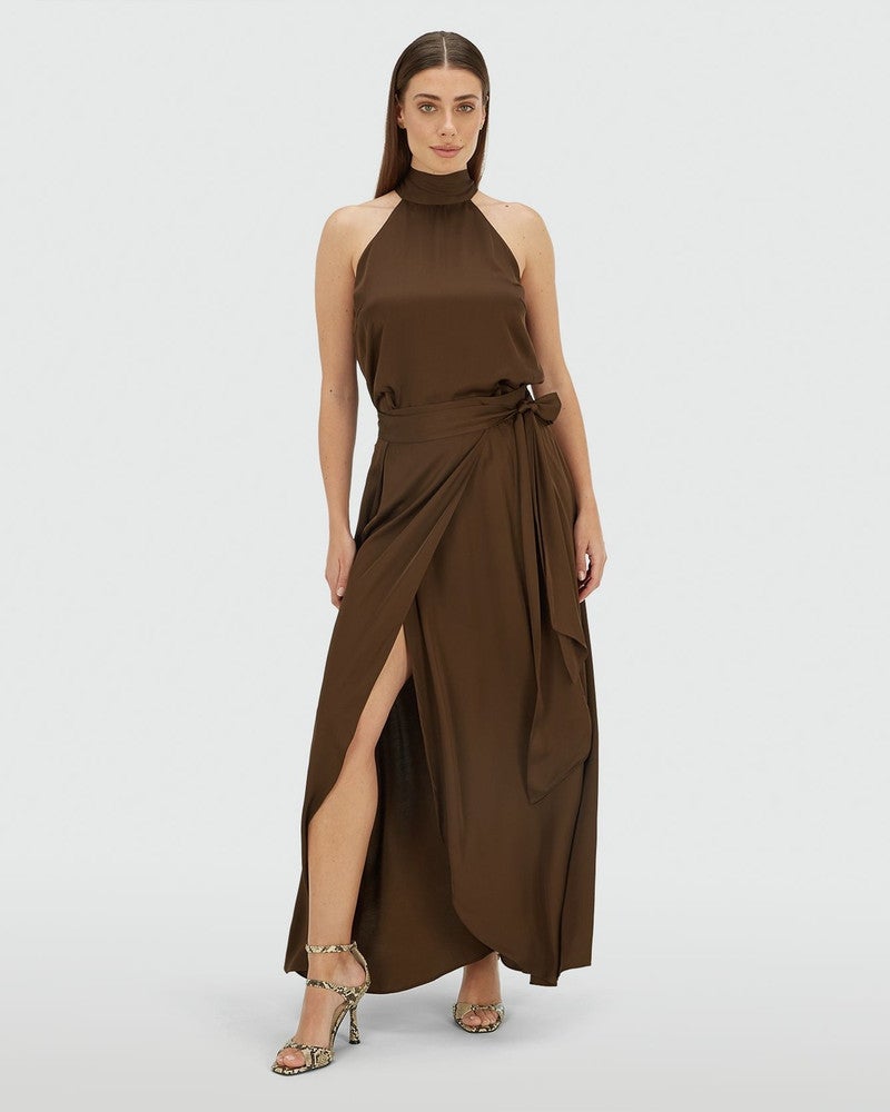 YAMICIA wrap maxi skirt in satin look Bruin 1 YAMICIA wrap maxi skirt in satin look Bruin 1