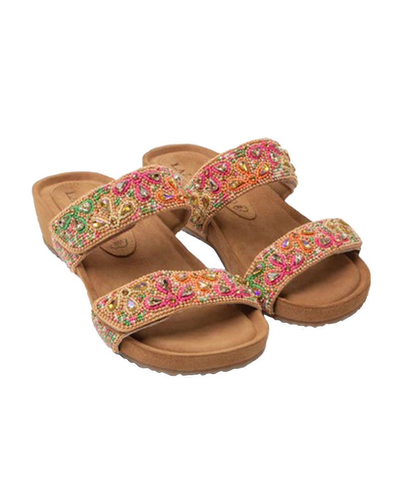 Bo flower beads two strap mules wedge Roze Bo flower beads two strap mules wedge Roze