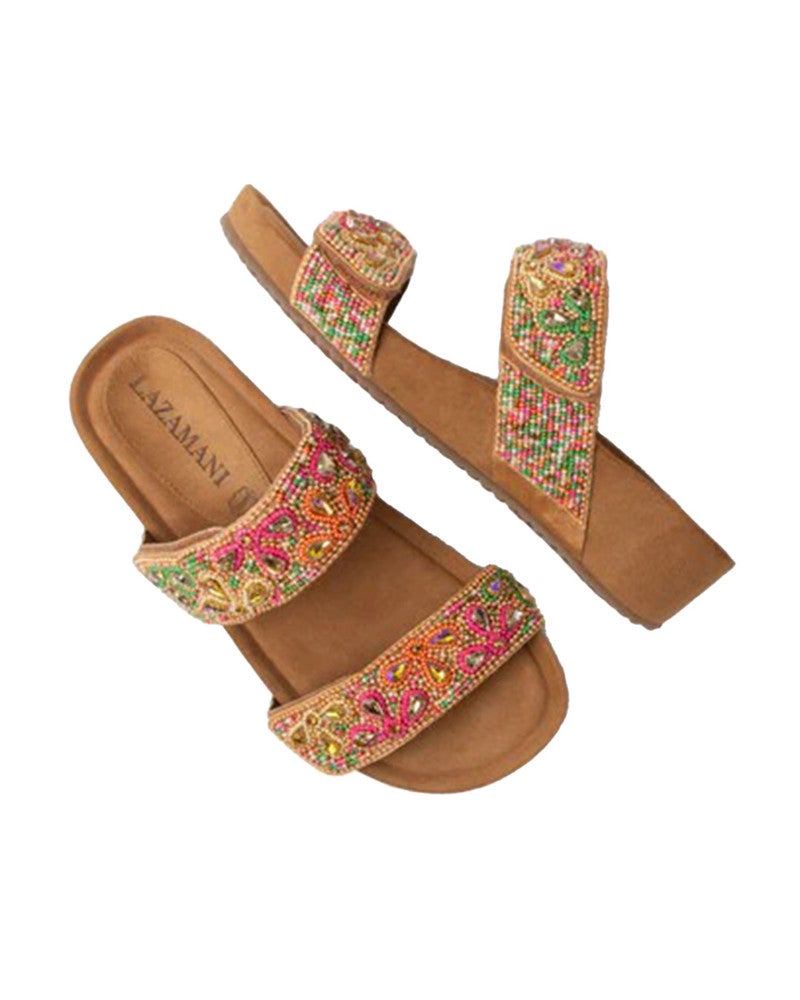Bo flower beads two strap mules wedge Roze Bo flower beads two strap mules wedge Roze