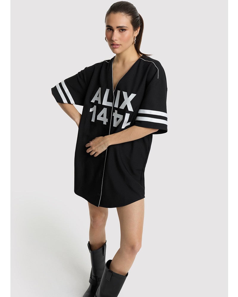 ladies woven baseball shirt dress Zwart 1 ladies woven baseball shirt dress Zwart 1