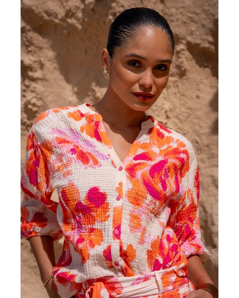 Blouse mousseline bloemenprint Oranje Blouse mousseline bloemenprint Oranje